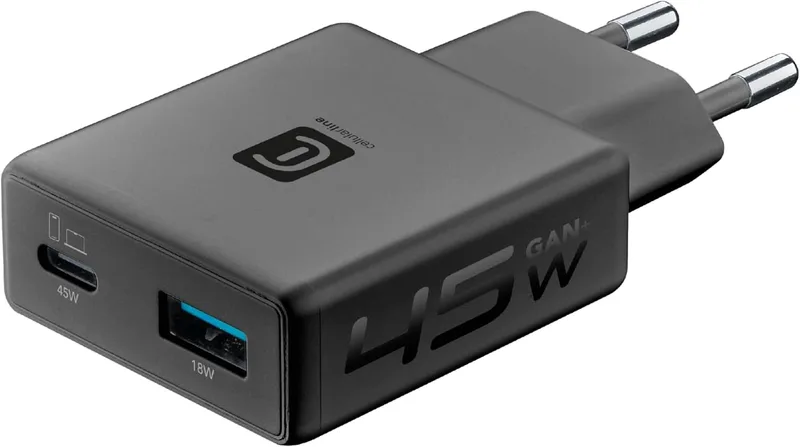 cellularline ▫️ Carregador de Rede Power Lite 45 W com Duas Saídas: USB-C 45 W e USB-A 18 W, Carregamento rápido simultâneo com tecnologia GAN+, design compacto, preto