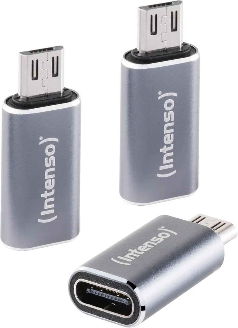 Intenso ▫️ Adaptador USB-C para microUSB (C480M) – 3 unidades, 480 Mbps, USB 2.0 de alta velocidade, OTG, alumínio, cinzento