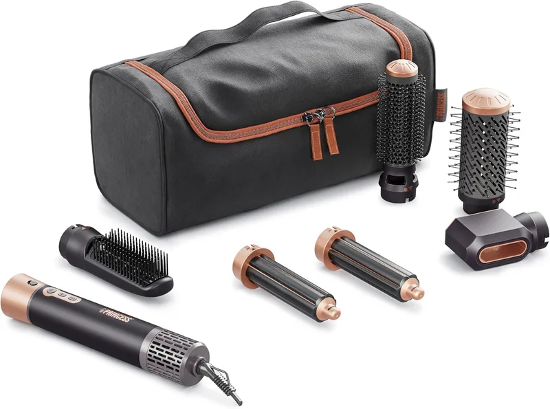 Princess ▫️ Airstyler Plus, Aparelho de penteado 6 em 1 com motor de corrente contínua, 3 níveis de calor, 2 velocidades, indicador LED, 6 acessórios, luva e bolsa, 1000 W, 529215