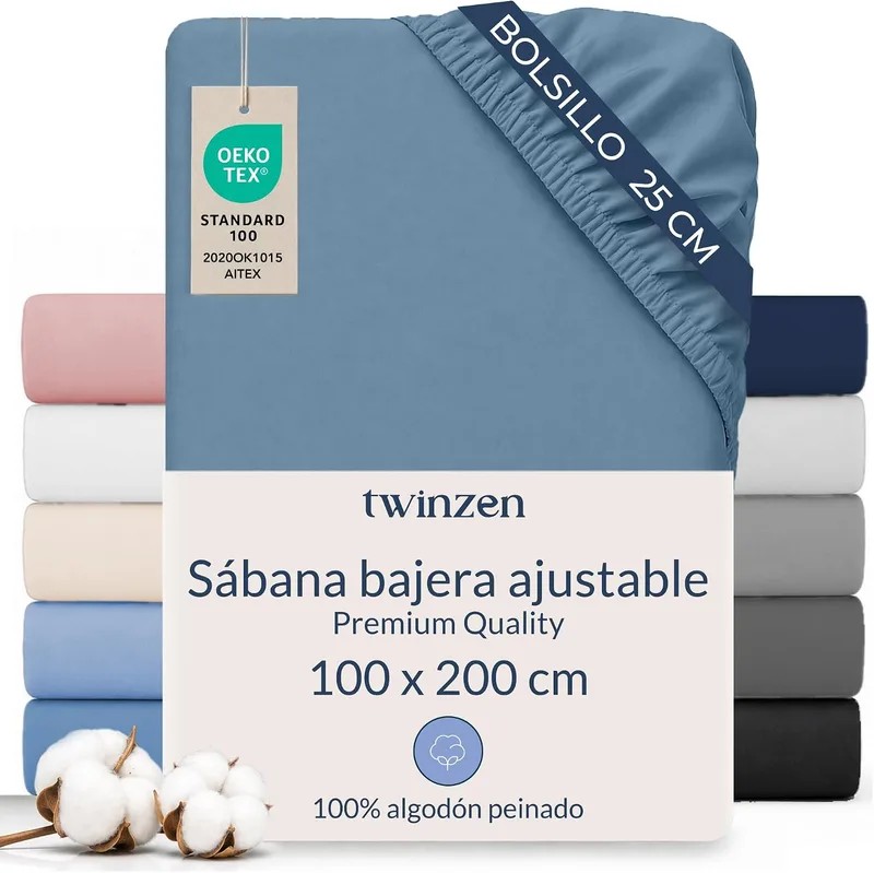 Twinzen ▫️ Lençóis 100x200 cm - 100% algodão, 150 g/m² - Lençol de baixo premium para colchões até 22 cm - Lençol de baixo azul, Oeko-Tex