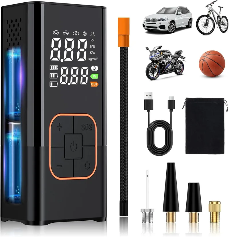 OHFAMO ▫️ Compressor de ar portátil para pneus 150 PSI 7,4 V – Bomba de ar digital sem fios com bateria de 1800 mAh × 2, pressão pré-definida, luz LED para carro, moto, bicicleta, balões e viagens