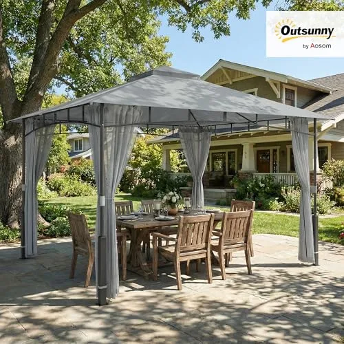 Outsunny ▫️ Gazebo de Jardim 3 x 3,6 m, com telhado duplo, UPF50+, cinzento 2