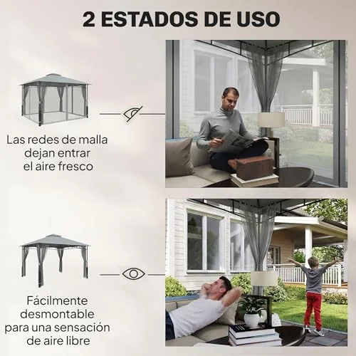 Outsunny ▫️ Gazebo de Jardim 3 x 3,6 m, com telhado duplo, UPF50+, cinzento 4