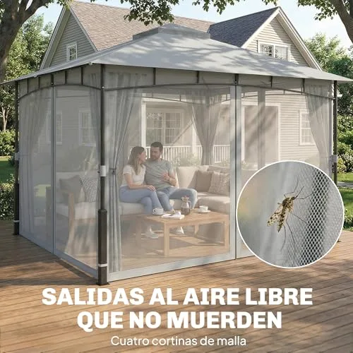 Outsunny ▫️ Gazebo de Jardim 3 x 3,6 m, com telhado duplo, UPF50+, cinzento 5