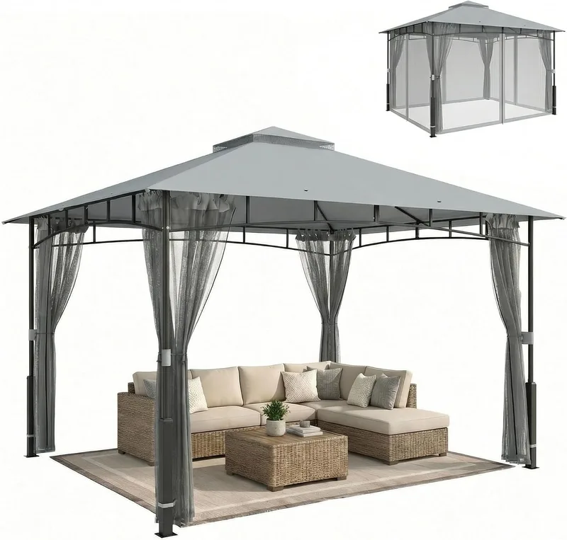 Outsunny ▫️ Gazebo de Jardim 3 x 3,6 m, com telhado duplo, UPF50+, cinzento