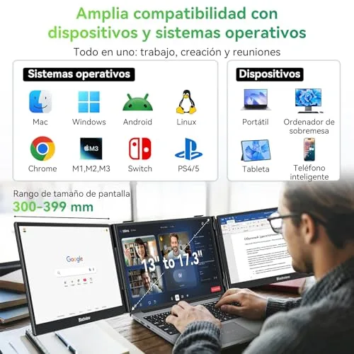 Blackview ▫️ Monitor portátil triplo ultrafino ecrã portátil de 14" FHD 1080P IPS com suporte, certificação TÜV, HDMI/Type-C/USB Plug & Play, compatível com ecrãs de 13" a 17,3", Windows/Mac/Chrome/Switch/PS5 6