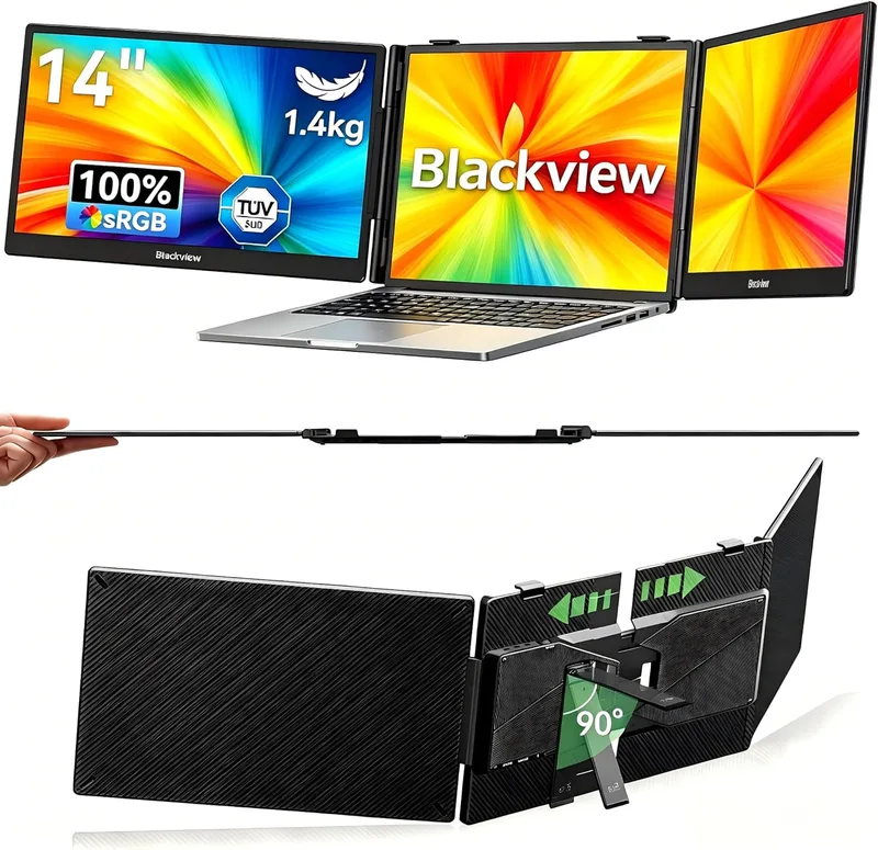 Blackview ▫️ Monitor portátil triplo ultrafino ecrã portátil de 14" FHD 1080P IPS com suporte, certificação TÜV, HDMI/Type-C/USB Plug & Play, compatível com ecrãs de 13" a 17,3", Windows/Mac/Chrome/Switch/PS5