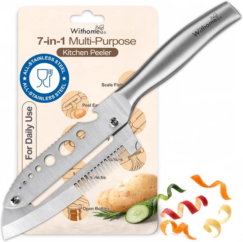 withome ▫️ Descascador de Batatas e Legumes 7 em 1 em Aço Inoxidável, Descascador Multifuncional para Cozinha, Descascador Manual de Batatas com Desfolhador de Ervas, Raspador de Escamas, Levantador de Tampas e Abridor de Garrafas