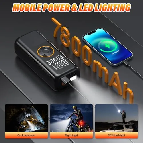 OHFAMO ▫️ Compressor de ar portátil para pneus com dupla alimentação de 150 PSI – Bomba de ar sem fios de 12 V com bateria de 2000 mAh × 3, ecrã LCD digital e desligamento automático para automóveis, SUV e motos 3