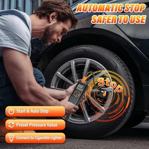 OHFAMO ▫️ Compressor de ar portátil para pneus com dupla alimentação de 150 PSI – Bomba de ar sem fios de 12 V com bateria de 2000 mAh × 3, ecrã LCD digital e desligamento automático para automóveis, SUV e motos 4