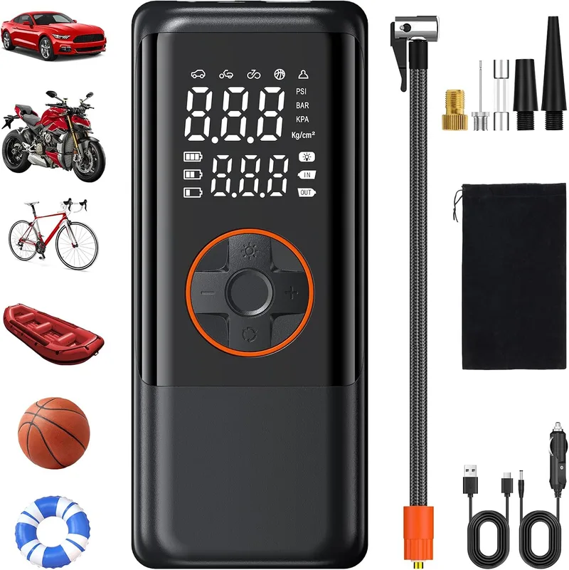 OHFAMO ▫️ Compressor de ar portátil para pneus com dupla alimentação de 150 PSI – Bomba de ar sem fios de 12 V com bateria de 2000 mAh × 3, ecrã LCD digital e desligamento automático para automóveis, SUV e motos