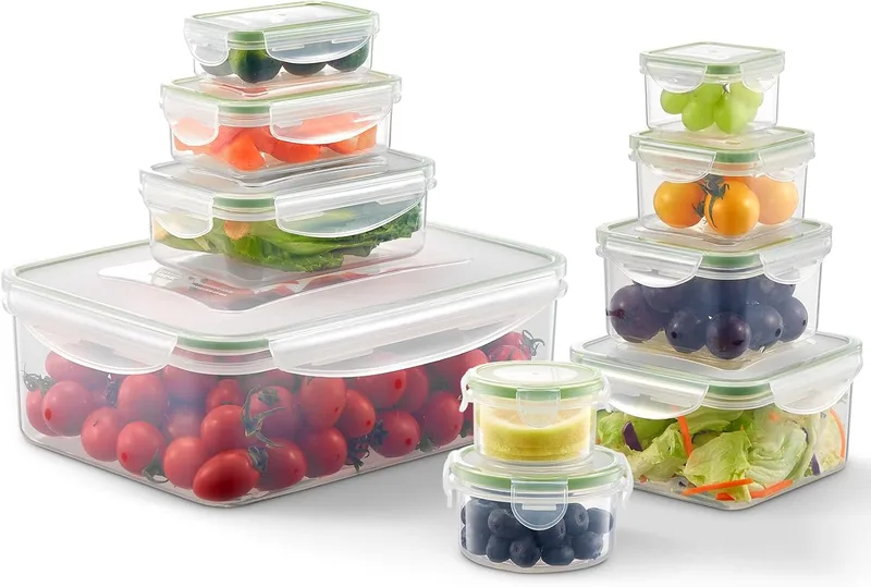 VINATO ▫️ Conjunto de 10 recipientes de plástico herméticos com tampa, sem BPA, recipientes herméticos empilháveis para alimentos, recipientes de plástico para micro-ondas, frigorífico e máquina de lavar louça