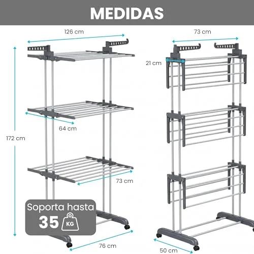 edihome ▫️ Estendal vertical, dobrável, 4 níveis com abas laterais, estrutura metálica resistente, capacidade de 35 kg, com rodas, poupa espaço, para interior e exterior (cinzento) 2