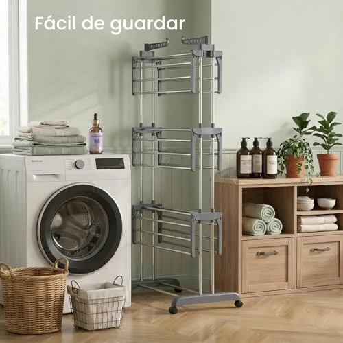 edihome ▫️ Estendal vertical, dobrável, 4 níveis com abas laterais, estrutura metálica resistente, capacidade de 35 kg, com rodas, poupa espaço, para interior e exterior (cinzento) 3