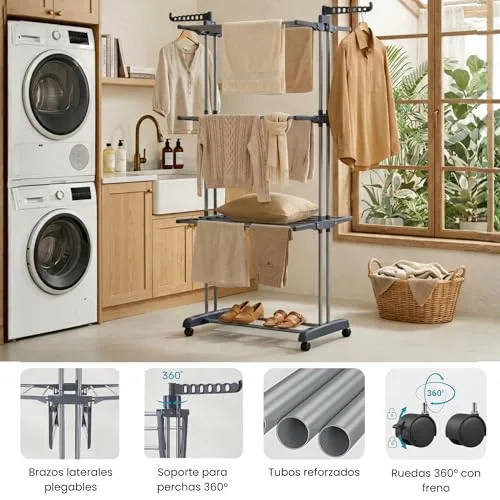 edihome ▫️ Estendal vertical, dobrável, 4 níveis com abas laterais, estrutura metálica resistente, capacidade de 35 kg, com rodas, poupa espaço, para interior e exterior (cinzento) 4