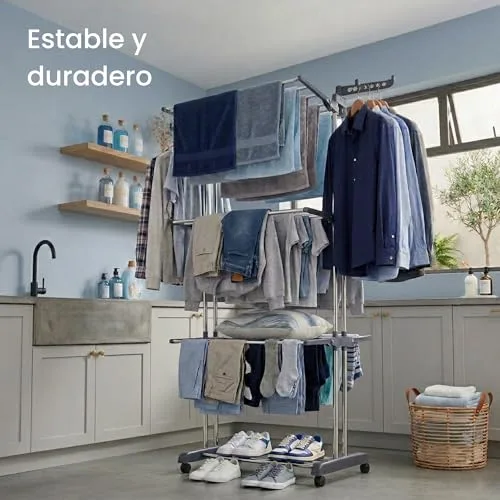edihome ▫️ Estendal vertical, dobrável, 4 níveis com abas laterais, estrutura metálica resistente, capacidade de 35 kg, com rodas, poupa espaço, para interior e exterior (cinzento) 5