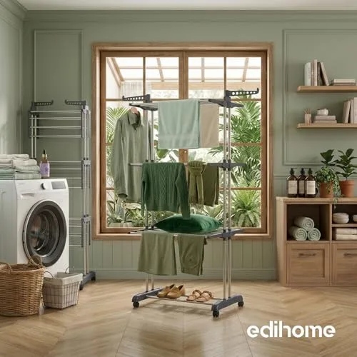 edihome ▫️ Estendal vertical, dobrável, 4 níveis com abas laterais, estrutura metálica resistente, capacidade de 35 kg, com rodas, poupa espaço, para interior e exterior (cinzento) 6