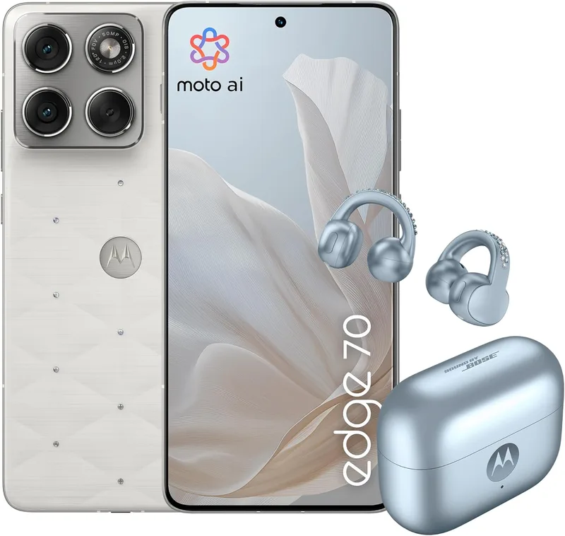Motorola ▫️ Edge 70 e Moto Buds Loop com cristais Swarovski® (12/512 GB, câmara dupla de 50 MP + câmara Flicker, câmara frontal de 50 MP, espessura de 5,99 mm, 4800 mAh, Ecrã de 6,67" a 120 Hz, Android 16) Pantone