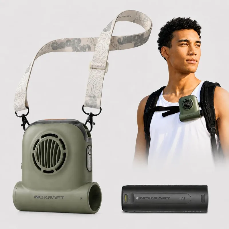 InoKraft ▫️ Ventilador de trilho, ventilador de cintura com clipe, inclui 1 bateria recarregável intercambiável de 4 Ah, ventilador pessoal turbo de 48 pés/s, ventilador de refrigeração portátil que não requer o uso das mãos
