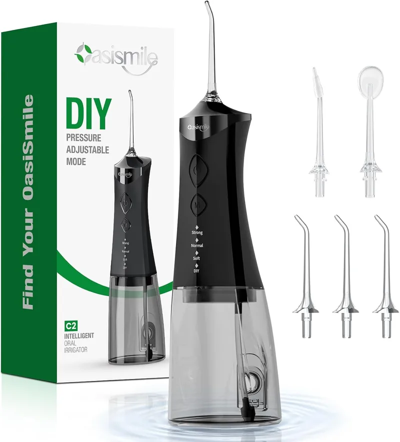 OasiSmile ▫️ Irrigador Dental, 350 ml, irrigador oral com ajuste automático DIY | 5 bicos, 4 modos, irrigador oral portátil e recarregável, ideal para ortodontia e gengivas sensíveis, para uso doméstico e em viagem, IPX7