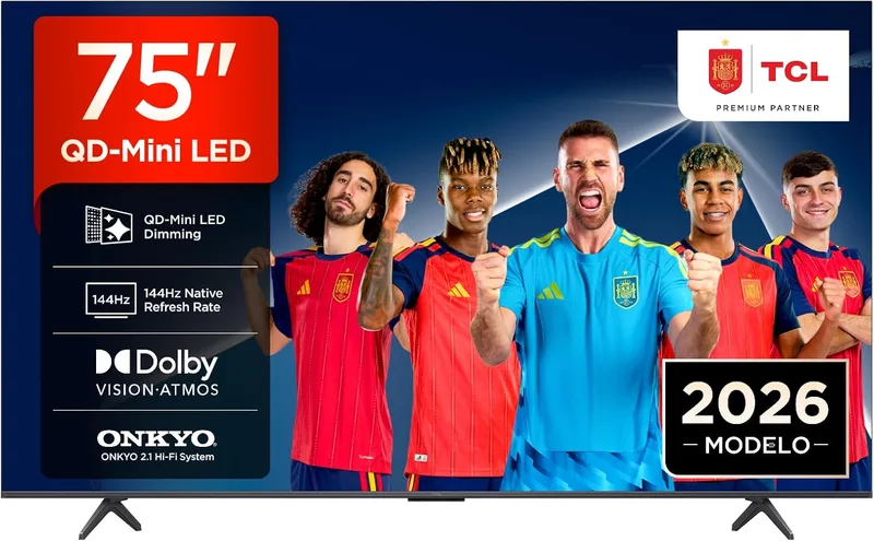 TCL ▫️ 75T8D Televisor de 75 polegadas QD-Mini LED 4K Smart TV, TV para jogos, Acelerador de Jogos de 144 Hz (288 Hz em FHD), FreeSync Premium, Dolby Vision e Atmos, HDR10+, Onkyo 2.1, Google TV, Game Master
