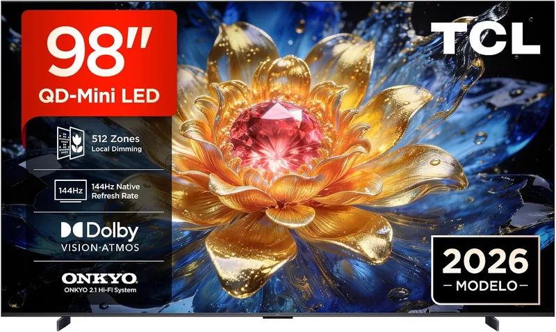 TCL ▫️ 98T8D, televisor LED 4K HDR Ultra HD QD-Mini de 98", Google Smart TV (Dolby Vision, HDR10+ e Atmos, VRR de 144 Hz, FreeSync Premium Pro, som Onkyo 2.1, controlo por voz)