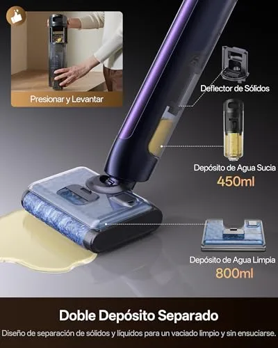Ultenic ▫️ Esfregona Elétrica | Aspirador, Lava e Esfrega 3 em 1 | Autolimpeza e dobrável a 180° | Limpeza de bordas de 0 mm | até 55 min de autonomia e 250 m² | Ideal para animais de estimação, cantos e debaixo de móveis 6