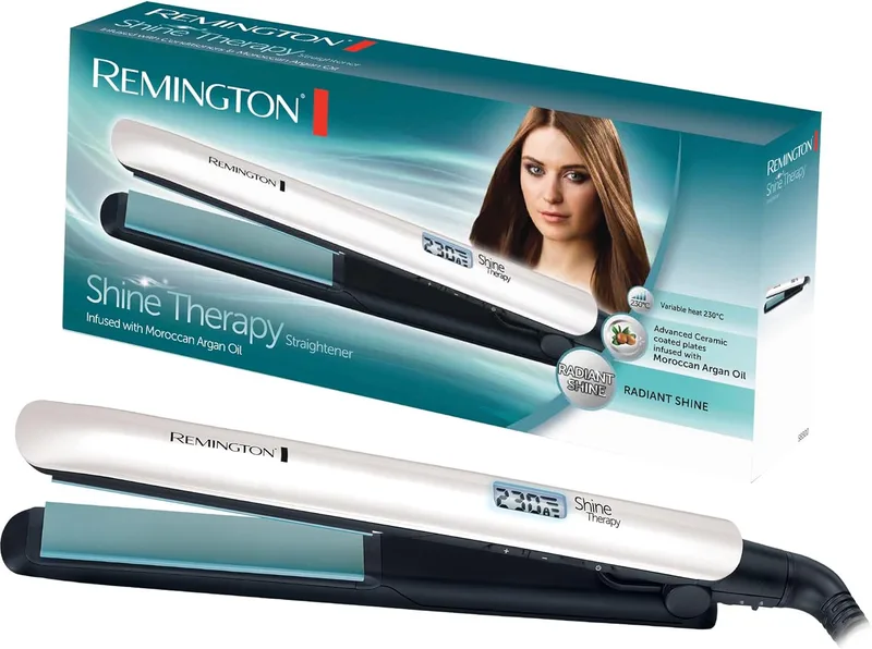 Remington ▫️ Alisador 150°C-230°C, aquecimento rápido Shine Therapy, revestimento cerâmico avançado com óleo de argão e vitamina E, ecrã LCD, 9 regulações de temperatura, desligamento automático S8500