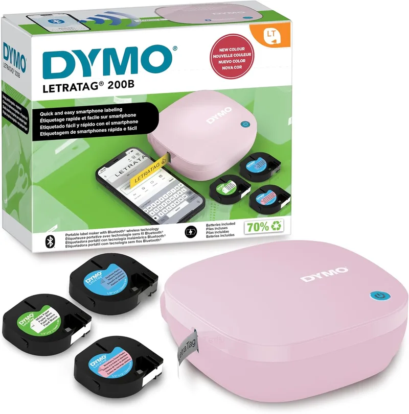DYMO ▫️ Kit de etiquetadora LetraTag 200B com Bluetooth em rosa | Impressora de etiquetas compacta | Liga-se através da tecnologia sem fios Bluetooth a dispositivos iOS e Android | Inclui 3 fitas de etiquetas
