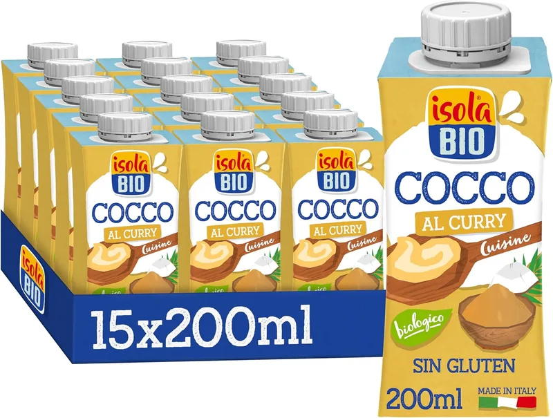 Isola Bio ▫️ Embalagem com 15 cremes de coco e caril ecológicos de 200 ml – Alternativa vegetal para cozinhar, sem lactose, sem glúten, 100% biológica, ideal para molhos, pratos de arroz e receitas veganas – 200 ml
