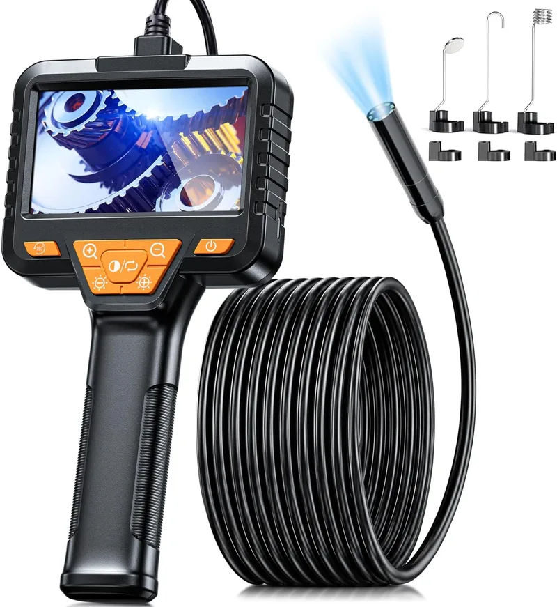 SKYBASIC ▫️ Endoscópio com câmara de inspeção, – Câmara endoscópica com ecrã IPS HD de 4,3'', endoscópio IP67 à prova de água com 8 luzes LED, endoscópio com câmara de drenagem manual e cabo semirrígido de 5 m