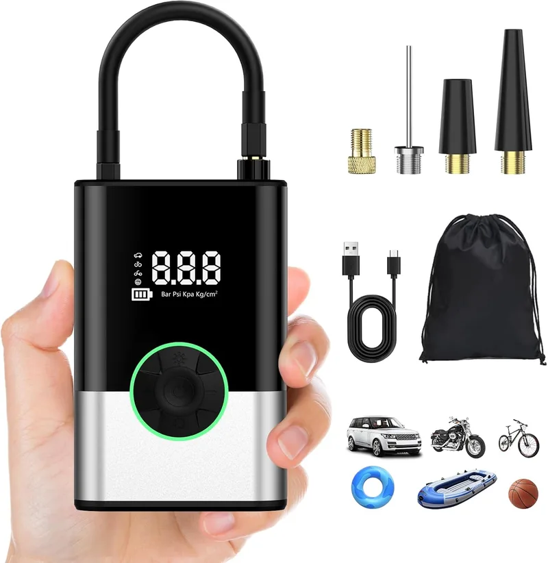 Ockwred ▫️ Compressor de ar portátil 6000Mah, inflador de pneus de carro 150PSI Mini bomba de ar elétrica para bicicleta com display LCD digital e lanterna LED, com 4 bicos para carros, motocicletas
