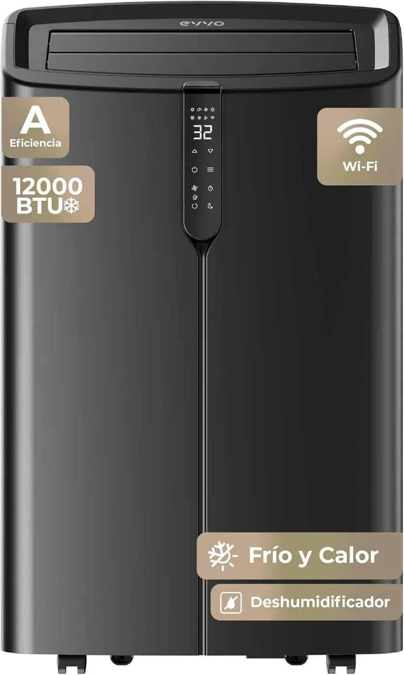 EVVO ▫️ Clima Silent - Ar condicionado portátil até 12 000 BTU com bomba de calor - Pingüino (aquecimento e arrefecimento), desumidificador, modo noturno e função turbo. Inclui kit para janela (P12 WIFI Preto)