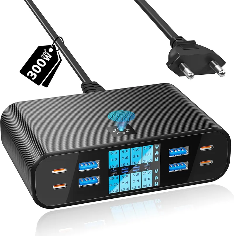 YSYFAD ▫️ Carregador múltiplo USB C de 8 portas com ecrã LED, estação de carregamento de 8 portas 300W PD PPS Carregador USB C 65W Carregamento rápido QC3.0 USBA para Macbook Portáteis i Carregador de almofada de telefone, preto