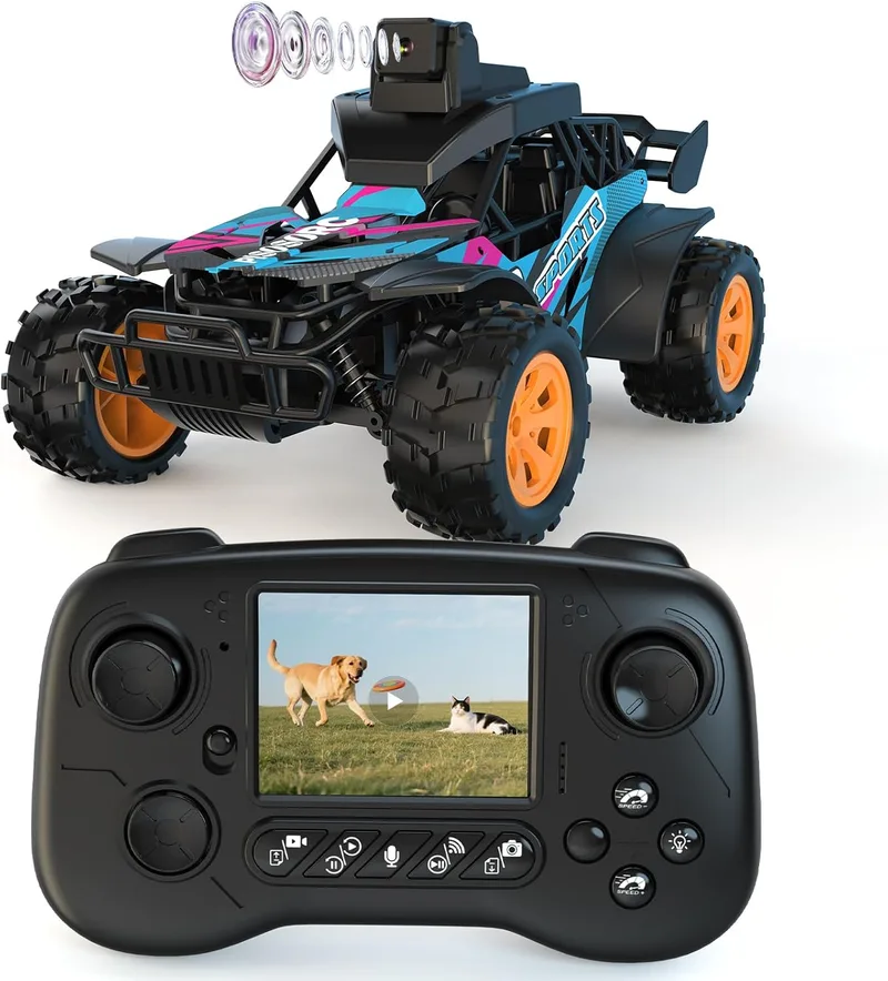 pisosorc ▫️ Carro RC com câmara, 2,4 GHz, ecrã LCD de 2,8" e câmara ajustável a 60°, vídeo em direto, controlo duplo via aplicação/comando, 2 velocidades, recarregável para todo-o-terreno, presente para crianças e adultos