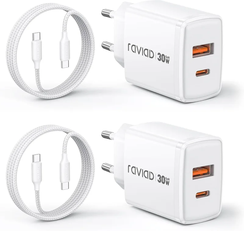 RAVIAD ▫️ 30 W Carregador USB-C de Carregamento Rápido, Conjunto de 2 Unidades: Carregador Tipo C e Cabo de 2 m | Carregador de 2 Portas USB-A + USB-C e Cabo USB-C para iPhone 17, 16, 15 Pro MAX, Galaxy S26, S25, S24, MacBook
