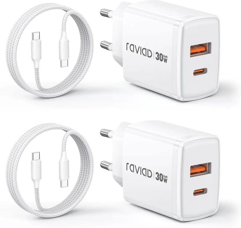 RAVIAD ▫️ 30 W Carregador USB-C de Carregamento Rápido, Conjunto de 2 Unidades: Carregador Tipo C e Cabo de 2 m | Carregador de 2 Portas USB-A + USB-C e Cabo USB-C para iPhone 17, 16, 15 Pro MAX, Galaxy S26, S25, S24, MacBook