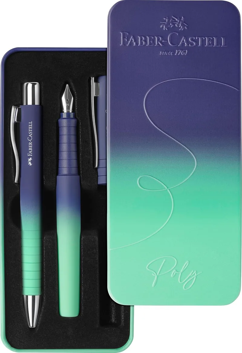 Faber-Castell ▫️ 241055 - Conjunto de escrita Poly Pen com esferográfica XB e caneta de tinta M, Conjunto de oferta em azul vibrante