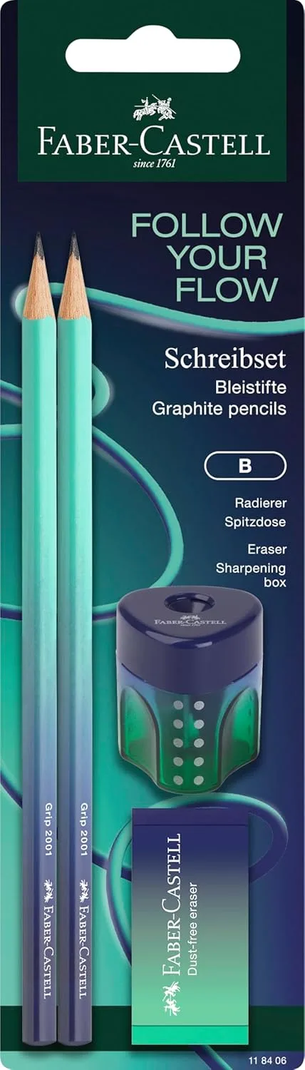 Faber-Castell ▫️ 118406 Flow Buzzing Blue - Conjunto de escrita com lápis, borracha e afia-lápis