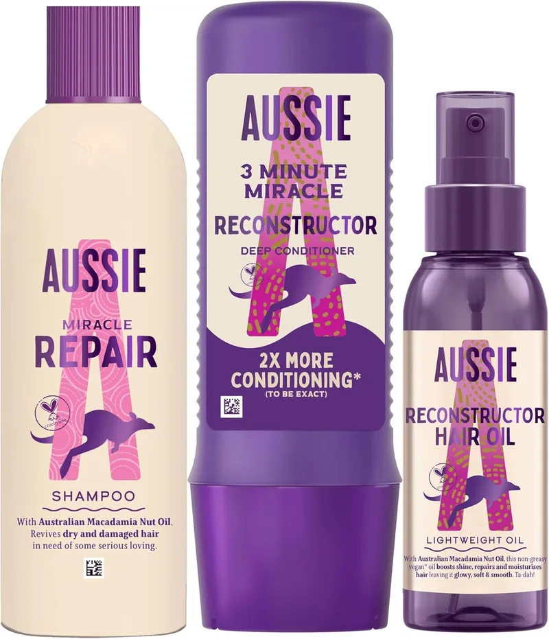 Aussie ▫️ Repair, Champô 300 ml, Condicionador 3 Minute Miracle 250 ml, Óleo Reconstrutor 100 ml, Brilho, Hidratante, Sem testes em animais, Sem gordura
