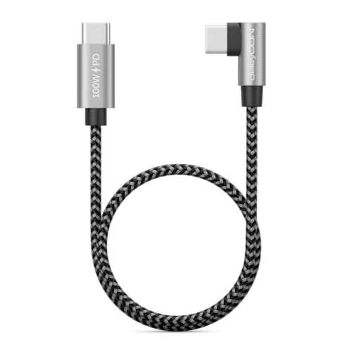 deleyCON ▫️ 0,30 m 100 W Cabo USB-C de carregamento curto com ângulo de 90 graus - C a C - Cabo em ângulo para iPhone 17, 16, 15, Pro Max, Air, Galaxy A16, A17, A56, S25, S24, S23, Pixel, iPad Pro, MacBook, AirPods, tablet, PS5 3