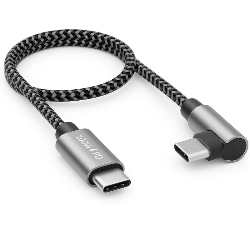 deleyCON ▫️ 0,30 m 100 W Cabo USB-C de carregamento curto com ângulo de 90 graus - C a C - Cabo em ângulo para iPhone 17, 16, 15, Pro Max, Air, Galaxy A16, A17, A56, S25, S24, S23, Pixel, iPad Pro, MacBook, AirPods, tablet, PS5