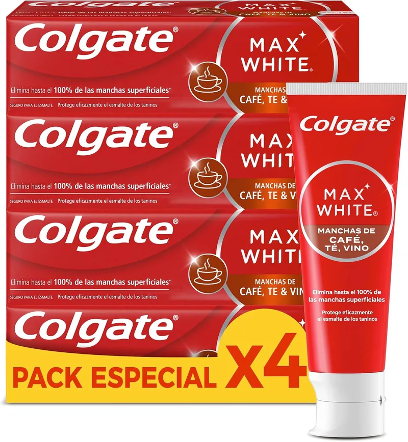 Colgate ▫️ Pasta de dentes branqueadora Max White For Coffee 4 x 75 ml, Tea & Wine, elimina até 100% das manchas superficiais, protege o esmalte dos taninos, segura para o esmalte