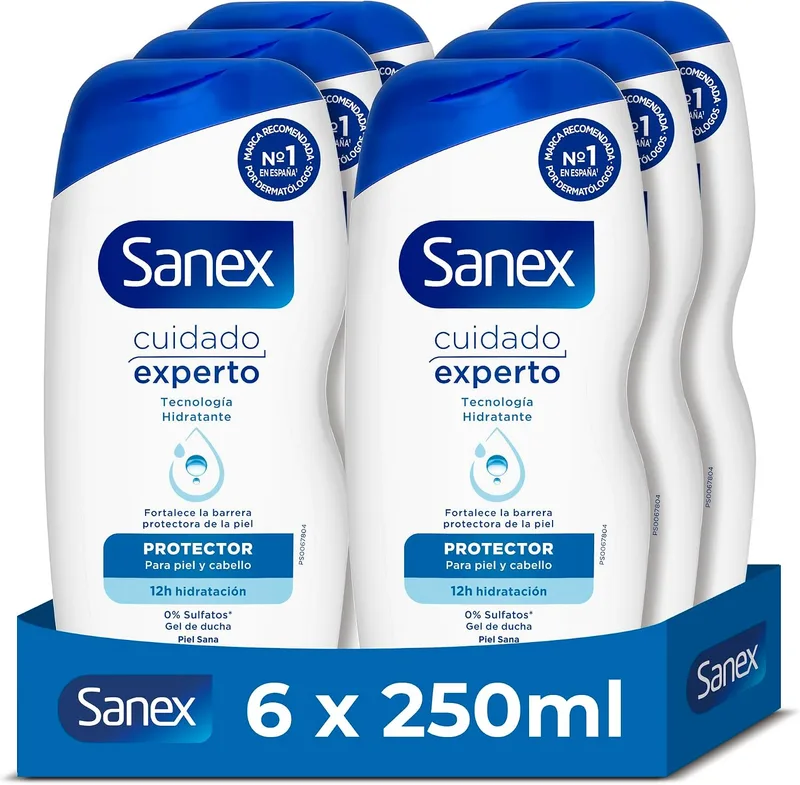 Sanex ▫️ Gel de Banho Cuidado Especial Protetor, 6 unidades x 250 ml | Tecnologia hidratante | Fortalece a barreira cutânea | 12 horas de hidratação | Ajuda a restaurar a hidratação natural | Protege o pH da pele