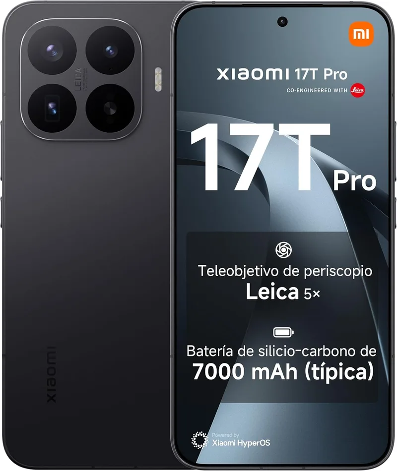 XIAOMI ▫️ 17T Pro – Smartphone de 12+512 GB, Preto, Teleobjetiva Leica 5X | ecrã de 6,83" 144 Hz, bateria de silício-carbono de 7000 mAh (típ.), HyperCharge de 100 W, 1 ano de garantia adicional