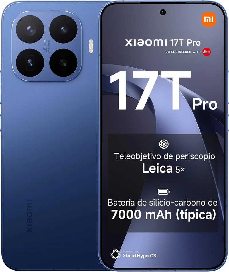 XIAOMI ▫️ 17T Pro, smartphone de 12+1024 GB, 6,83" Ecrã de 144 Hz com proteção ocular, bateria de silício-carbono de 7000 mAh (típ.), teleobjetiva Leica 5x, HyperCharge de 100 W, azul, garantia alargada de 1 ano
