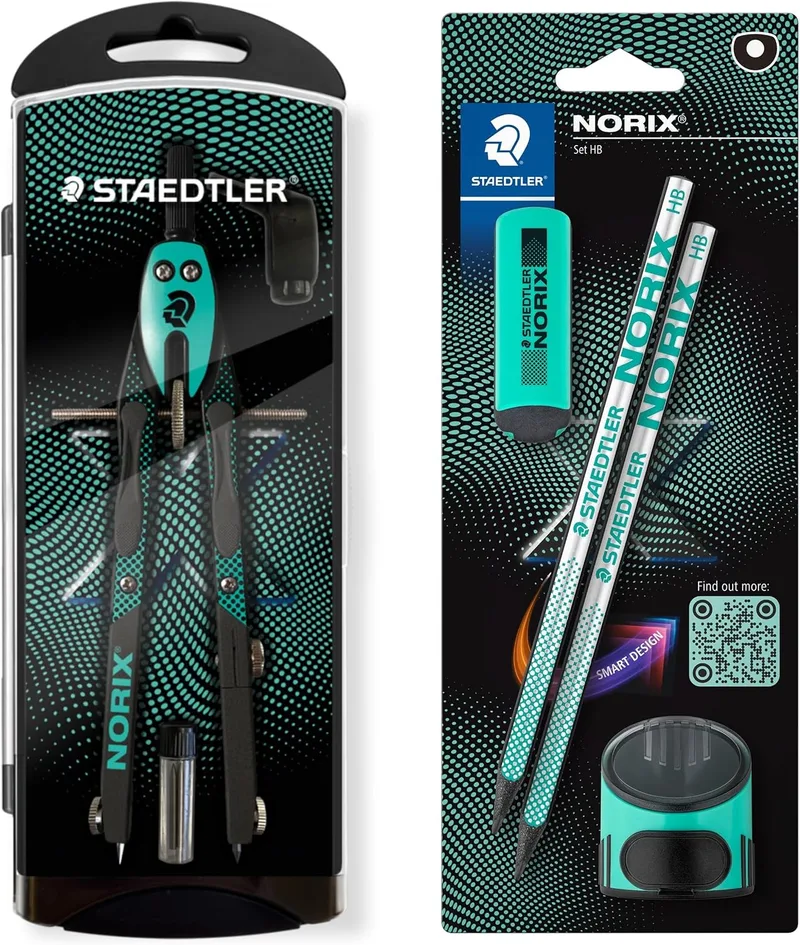 STAEDTLER ▫️ NORIX Conjunto de compasso de ajuste rápido, embalagem blister com 2 lápis HB, borracha e afiador individual, verde francês