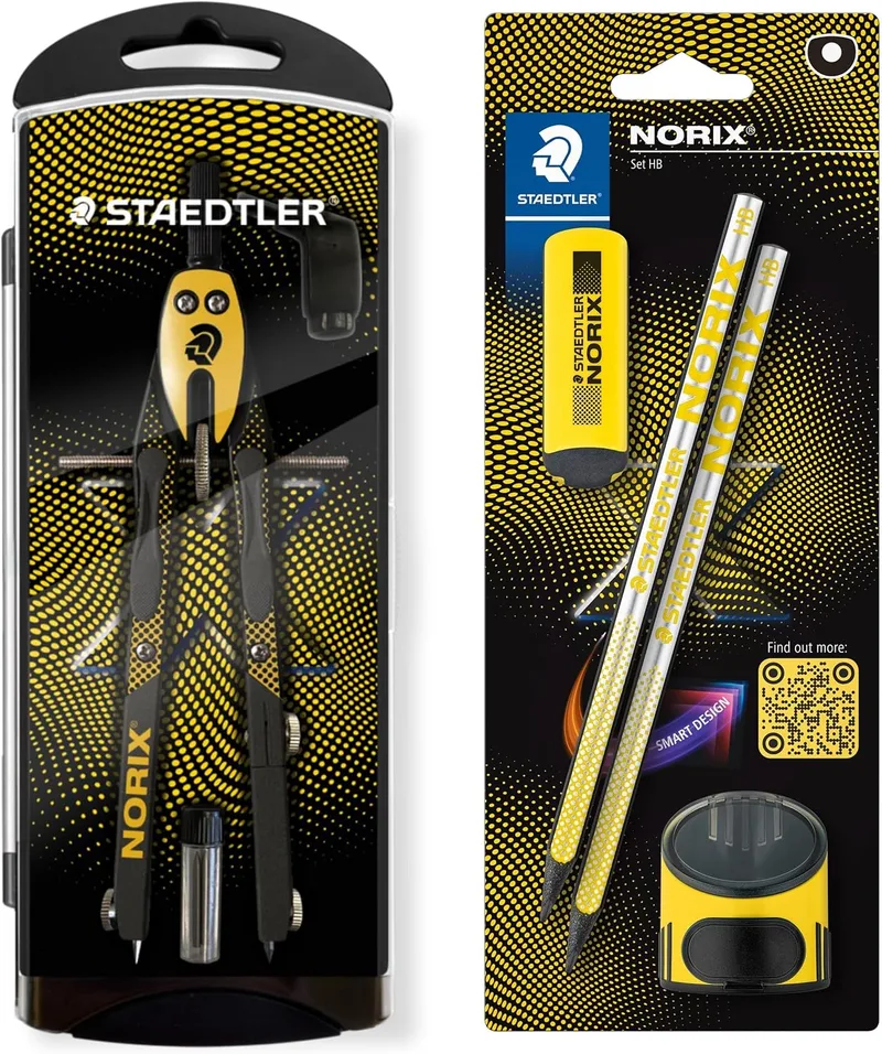 STAEDTLER ▫️ NORIX Conjunto de compasso de ajuste rápido, embalagem blister com 2 lápis HB, borracha e afiador individual, amarelo
