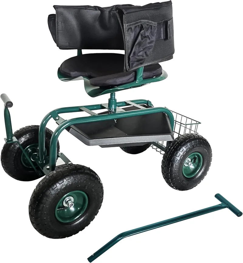 Relaxdays ▫️ Assento de jardim com rodas, regulável em altura, 150 kg, arrumação, guiador, almofada e encosto, verde