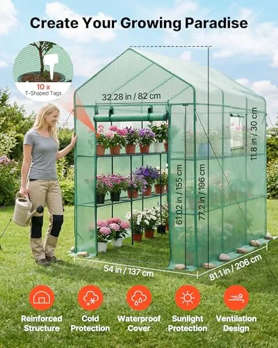 VEVOR ▫️ Estufa de Exterior 137 x 206 x 196 cm, Estufa de Jardim com Porta Enrolável e 2 Janelas, Prateleiras de 3 Níveis, Cobertura em PE, Estufa Caseira para Plantas, Legumes e Flores, Verde 2